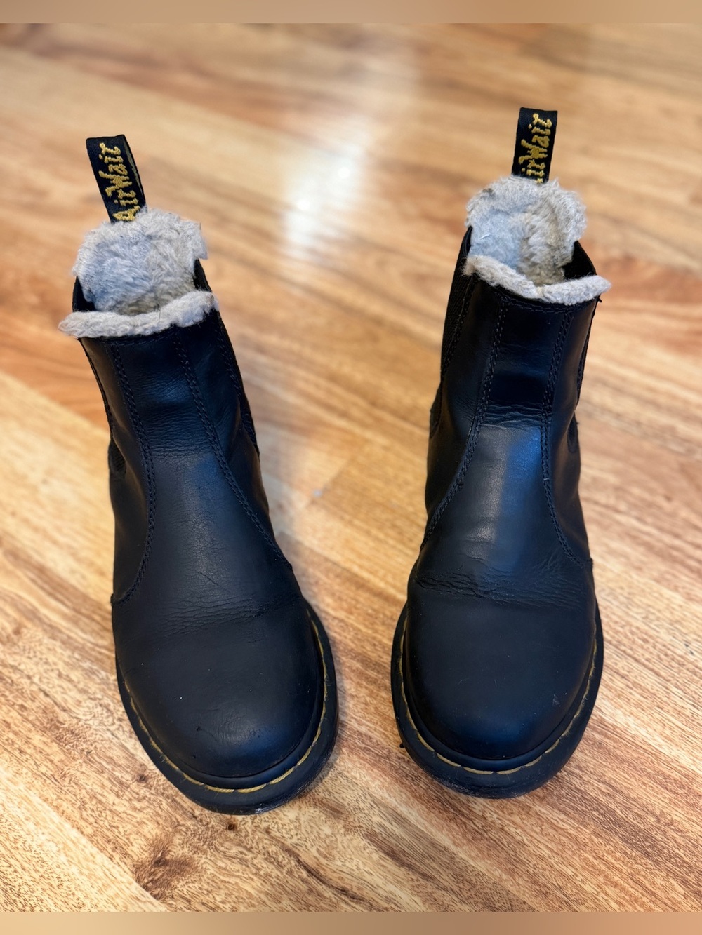 Dr. Martens Black Leather Fleece-Trim Chelsea Ankle Boots